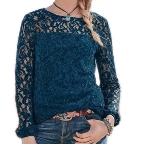 Sundance | Remarkable Beauty Blush Lace Top Partially Lined Teal Blue Size Large - Picture 1 of 7